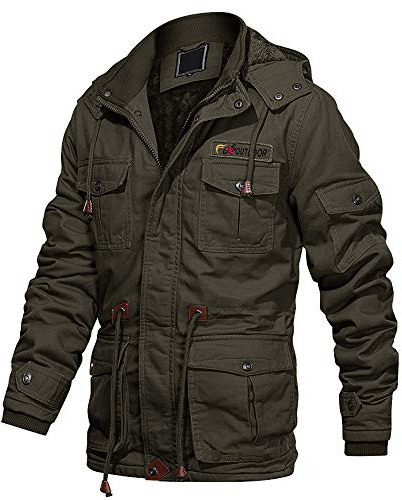 EKLENTSON Military Winter Jacket for Men Cotton Thick Warm Windbreaker Cargo Coat 8 Pockets Removable Hood Army Green