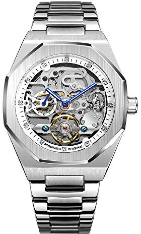 Tourbillon Design analog automatisk klocka i rostfritt stål mekaniskt skelett manlig klocka, Silver/vit