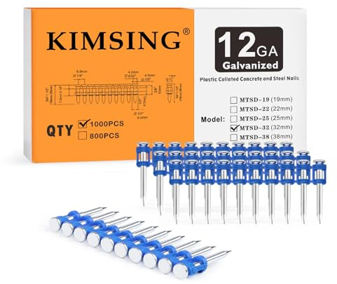 KIMSING MTSD-32 12GA clous pour béton 32mm 1000 pces pour portes | Galvanizado grueso anticorrosión, tira plástica para carga fácil, 32mm, para puertas, ventanas y techos