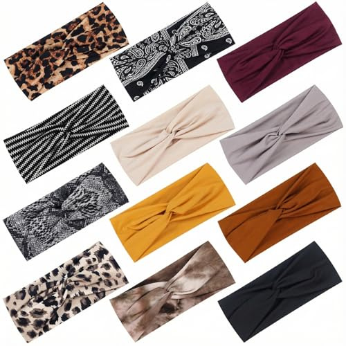 Tyfthui 12 Pack Headbands for Women, Fashionable Sports Hairbands, Elastic Wide Headbands Non Slip Workout Yoga Sport Headbands for Women (Color A)