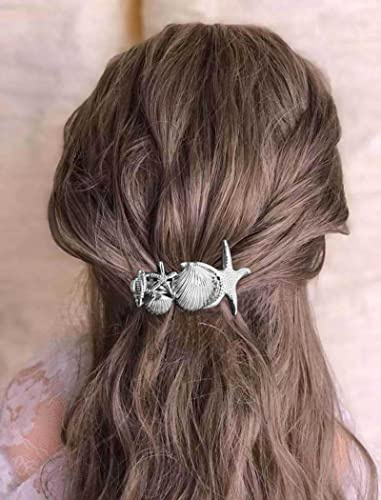 Wendalern Boho Seestern Haarspangen Muschel Seestern Haarspangen Clips Silber Muschel Haarspange Haarnadel Vintage Seestern Metall Haarspangen Zubehör für Frauen und Mädchen
