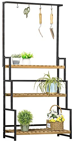 Outsunny 3-Etagen Pflanzenregal Blumentreppe aus Metall und Massivholz Pflanzenständer mit Befestigungshaken für den Garten Schwarz+Natur