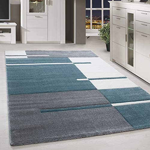HomebyHome Teppich 140x200 cm Kurzflor Konturenschnitt in Blau Grau Weiß Kariertes Design, Waschbar, Pflegeleicht, Extra Weich Für Wohnzimmer, Schlafzimmer, Esszimmer
