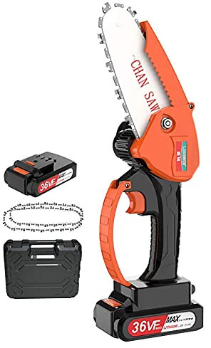 Motosierra inalámbrica, motosierras de 4 Pulgadas, Mini Tijeras de podar de Mano, Motosierra para podar árboles, Corte de Madera, Cargador Incluido, Naranja, con batería y Caja, Mini Motosierra