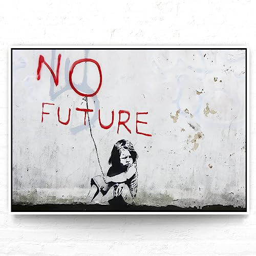 BilderKing Banksy Art LeinWand-Bild mit 100x70cm, Umrahmt mit weißen Schattenfugenrahmen als modernes Wandbild, No Future zur Dekoration in Küche, Esszimmer, Wohnzimmer, Schlafzimmer