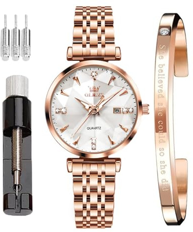 OLEVS Dam Klockor Japansk Quartz Rose Gold Crystal Rostfritt stål Mode Dam Armbandsur Vattentät Lyx,Elegant Kalender Simulerad Quartz Klocka