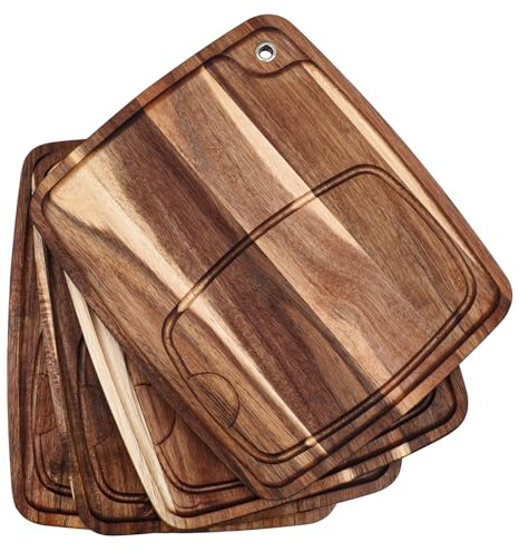 Uiifan 4 Pcs Steak Plates with Juice Channel Wooden Steak Board Set Acacia Cutting Serving Board for Home Serving Eating Meat Dishes Snack Dessert, 13 x 11 x 0.6 Inch