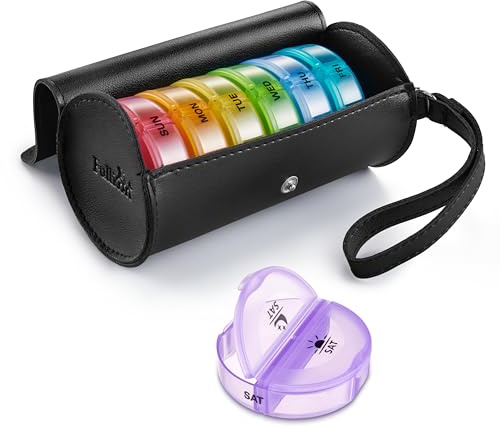 Fullicon PU Case Weekly Pill Box 2 Times a Day, 7 Day, Black Rainbow | Each Box Holds 6 Fish Oils, 7 Vitamins or 14 Capsules, Durable PU Leather Case, AM PM Icons, Fade-Proof Print