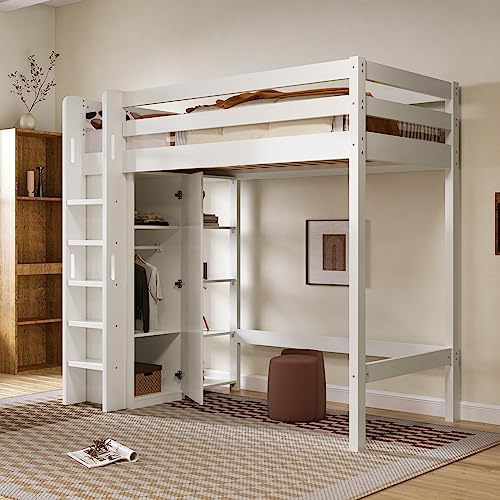 Hochbett 90x200 mit Kleiderschrank und 6 Regalen, Kinderbett aus Holz mit Rausfallschutz und Leiter, Jugendzimmer Schrankbett, Vielseitiges Einzelbett mit Lattenrost, Spielbett für Jungen Mädchen Weiß