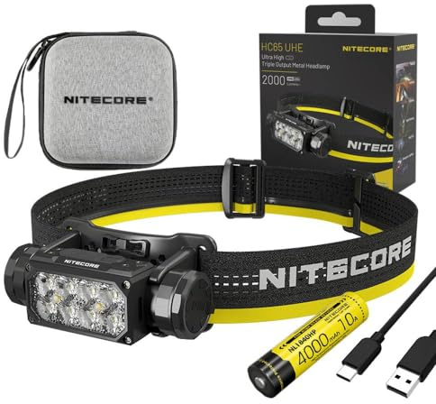Nitecore HC65 UHE Ultra High Triple Output Metall-Stirnlampe – 2.000 Lumen mit Aufbewahrungskoffer, Akku und Eco Sensa USB-C-Kabel im Lieferumfang enthalten