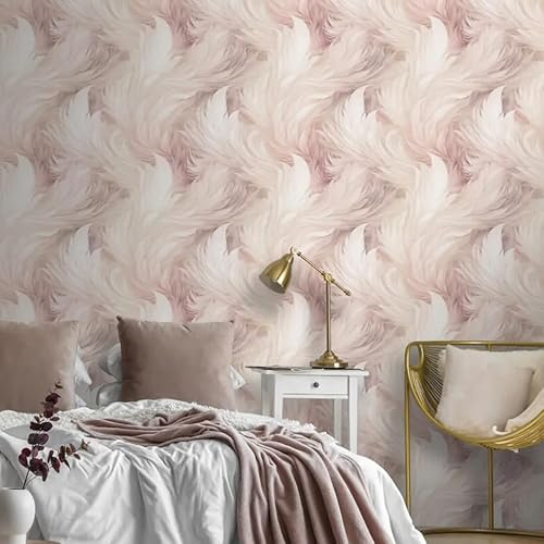 SOPHIE LAURENCE Plumes Feather Blush Pink Wallpaper - Elegant White Feathers with Metallic Shimmer, Washable, Easy Paste The Paper, 0.53m x 10.05m Roll, Perfect for Any Room