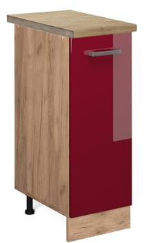 Vicco Apothekerschrank R-Line, Rot Hochglanz, 30 cm | 1 Auszug · AP Eiche inkl. · Höhenverstellbare Füße · 2 Einlegeböden · ✓ Frei kombinierbar