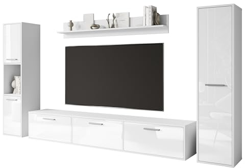 MINIO go for it - Wohnwand Wohnzimmer 4-teilig Toga, Wohnzimmer Möbel Set, 1x TV Lowboard, 2X Hochschrank, 1x Wandboard, Wohnzimmermöbel Komplett, Wohnzimmer Set - Farbe Weiss Matt/Weiss Hochglanz