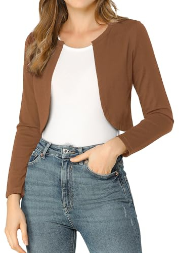 Allegra K Damen Crop Cardigans Curved Hem Open Front Bolero Shrug, braun, M