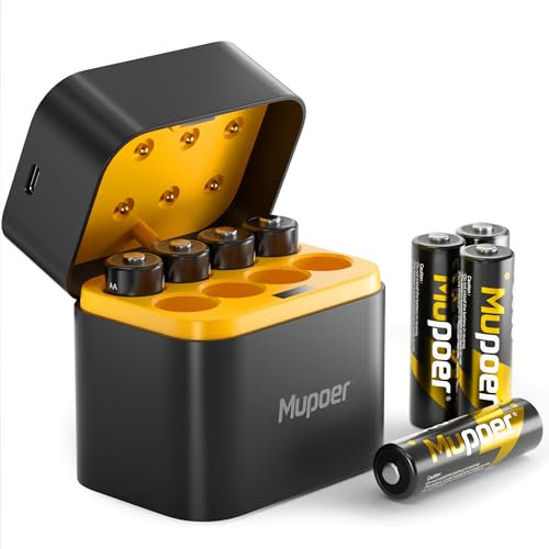 Mupoer Rechargeable AA Lithium Batteries with Charger, 1.5V Double-A 3600mWh, Rechargeable AA Lithium Ion Battery with Built-in Charging Storage Box, Gold
