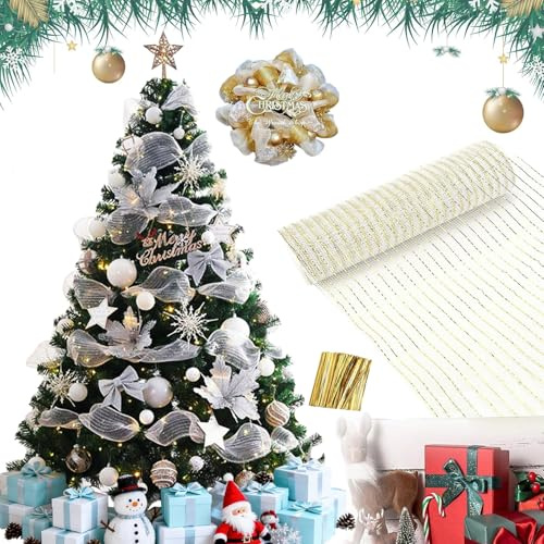 Guirnalda Decorativa Navideña, Guirnalda para Árbol De Navidad, Cinta De Malla De Lámina Dorada, Decoración De Jardín con Barandilla para Fiesta De Bodas De Pascua, 26 Cm X 9,14 M (Lámina Blanca)