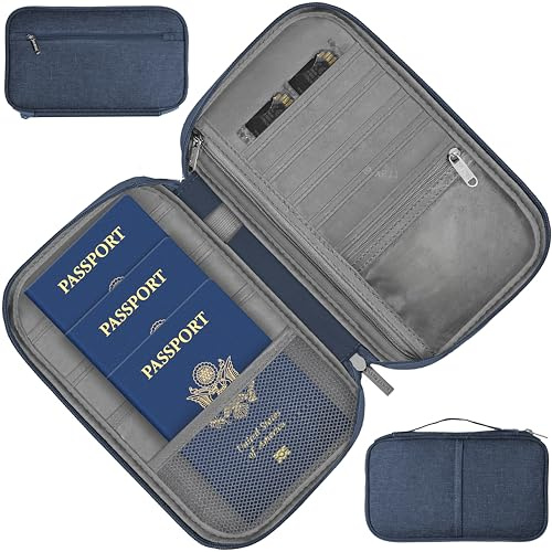 MyGadget Reisepass Organizer [ Platz für 3 Personen Familie ] - Reisepasshülle mit zusätzlichen Platz für Dokumente | EC - Karten | SIM | Schlüssel in Dunkel Blau