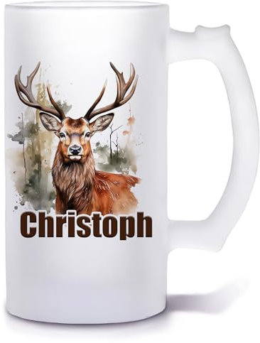 Unikatolo Bierkrug mit Name personalisiert, Glasbierkrug individuell bedruckt | Biergeschenk für Männer zum Geburtstag (Hirsch 2)