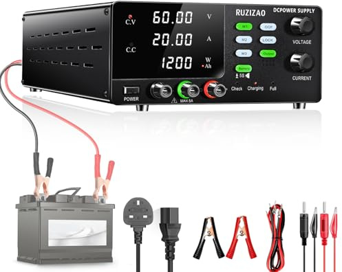 RUZIZAO Bench Power Supply Variable 60V 20A,High Power 1200W Encoder Regulated DC Power Supply 6V 12V 24V 36V 60V LiFePO4 Lithium Ion Battery Charger Lab DC Power Supply with Memory/OCP/Lock Button