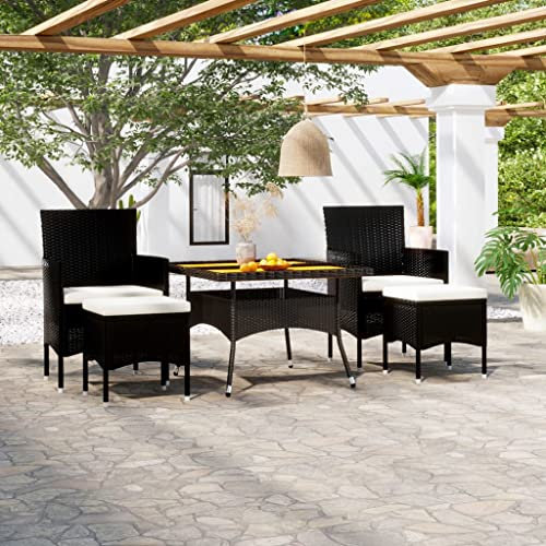 Tidyard 5-TLG. Gartenmöbel Set, Sitzgruppe, Lounge Möbel Outdoor, Terrassenmöbel Balkonmöbel Set, Gartengarnitur Sitzgarnitur Garten Essgruppe, Poly Rattan & Massivholz Akazie Schwarz