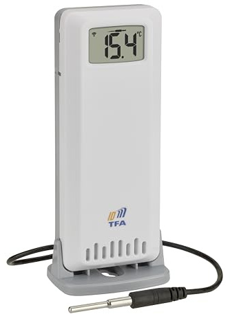 TFA Dostmann TFA-ID 2 fach Temperatursender Ersatz-/Zusatzsender ID-A3, 30.3902.02, für Temperatur, für TFA.me Stationen, zur Temperaturkontrolle, wasserdichter Fühler, außen oder innen, 868 MHz, weiß