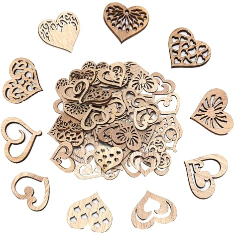 YCHYAN 100 Stück Holzherzen, Holzherzen Hochzeit Deko, Durchbrochene Schnitzerei Herzen Holz, Streudeko Holzherzen, DIY Basteldekorationen, für Hochzeitsdekoration, Weihnachtsdekoration