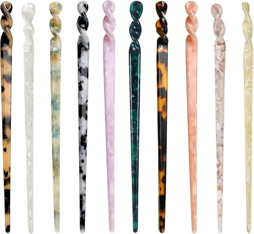 10Pcs Acetat Haarstäbchen Vintage, BetterJonny Haarstäbchen Acetat Schildpatt Leopard Haarsticks Retro Haarnadel Essstäbchen Leopard Haarnadeln Scheibe Lange Haare Essstäbchen für Frauen Mädchen