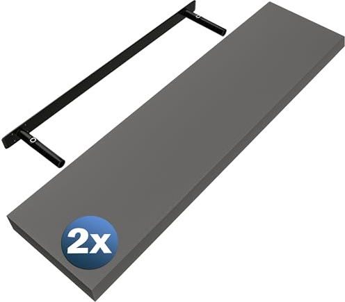 Casaria® 2X Wandregal Holz Grau Regal mit Halterung 15kg Tragkraft Hängeregal Küche Wohnzimmer Flur Wand Schweberegal Bücherregal Regalbrett Schwebend Matt 90cm