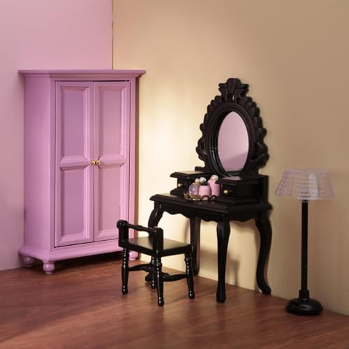 Minamzee 1/12 Puppenhausmöbel Kleiderschrank Set, 5 Teiligess Miniatur Öffnere Garderobe, Kommode mit Hocker, Stehlampe und winzige Accessoires für Schlafzimmermöbel