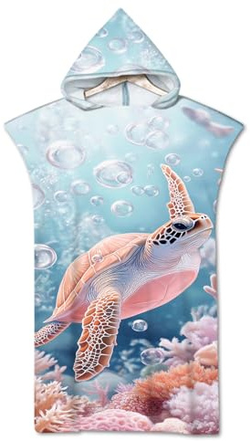 Rowjoy Poncho de bain avec capuche, serviette de surf en microfibre tortue de mer Poncho 75x110cm, poncho serviette de plage avec capuche pour femmes et hommes, idéal pour la plage, la houle, la sauna