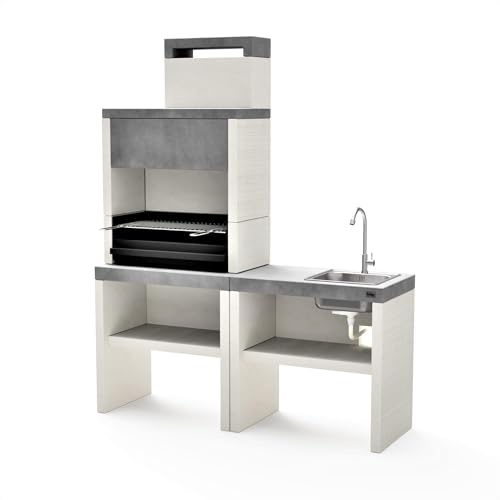 TUOZI Flachgrill 1 Plus Full mit Spüle – für Kohle und Holz, modernes Design aus strukturiertem Beton mit Grillrost aus vernickeltem Stahl und integriertem Kamin (156 x 47 x 192 cm)