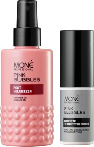 MONÉ Professional Stylingspray & Haarpuder Set, Dunkles Haar, 150ml+8g | Aufs feuchte Haar sprühen und föhnen, dann max 2-3 Sprühstöße Puder am Ansatz. Getönt für dunkle Töne, leichter Schimmer.
