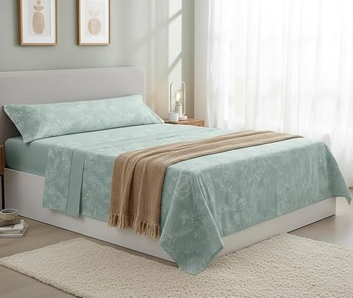 HaraDeco Juego de Sabanas 3 Piezas - Poliéster Microfibra Tacto Satén- Bajera, Encimera y 1 Funda de Almohada Larga, Estampada para Todas Estaciones (Onil Verde, Cama 105x190/200cm+28cm)
