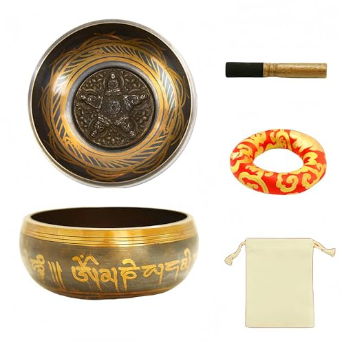 Fay Bless Juego de cuencos tibetanos – Cuenco de sonido de meditación martillado a mano con mazo, cojín y bolsa – para yoga, atención plena, terapia de sonido, alivio del estrés (20 cm)