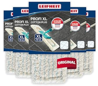 Leifheit Housse de Rechange Profi XL Cotton Plus, 42 cm, Lot de 5 | Pour balai Profi XL, ultra-absorbante, teneur en coton élevée, pour sols en pierre et carrelage, lavable 400 fois à 60°C