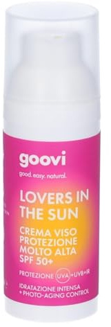 Goovi, Lovers in The Sun, Crema Viso SPF 50+ con Acido Ialuronico e Niacinamide, Protegge Viso e Collo dai Raggi UVA, UVB, IR, Formato da Viaggio da 50 ml