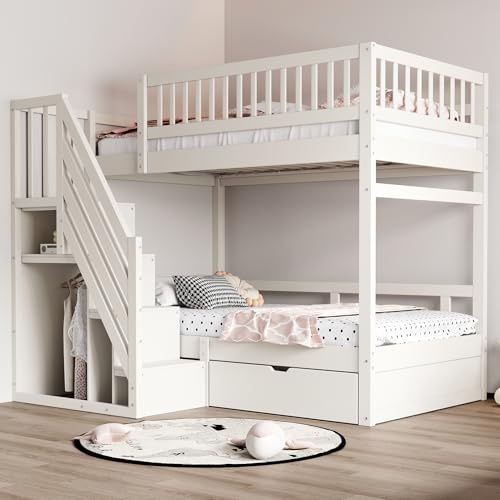 Arhatreya Letto a castello 90 x 200 cm, con griglia di sicurezza e scale, letto a castello con vano portaoggetti, letto in legno con cassetti portaoggetti, letto per bambini e ragazzi (senza materasso