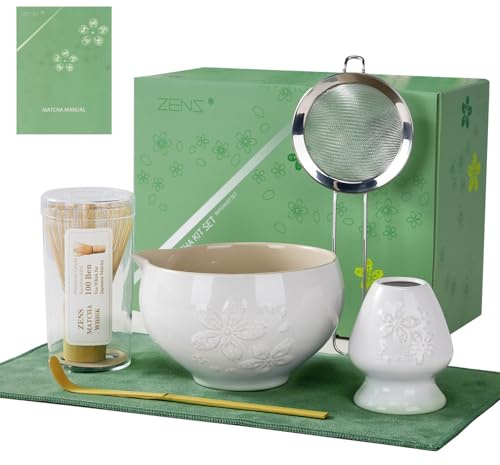 ZENS Matcha Kit, 65 pièces Blanc matcha set avec Bol pour préparer un | céramique matcha set avec Fouet Bambou, bol, Support, cuillère et tamis & tapis à thé pour cérémonie du matcha