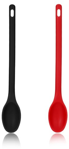 Shimmeroo 2 Stück Kochlöffel Silikon mit Lang Griff Hitzebeständige Rührlöffel Silicone Cooking Spoon für Rühren Kochen und Servieren von Speisen,Rot Schwarz (30,5 * 4,7 cm)