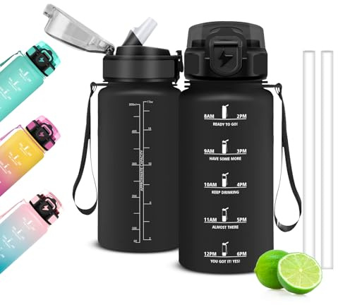 Mujigaga Gourde 500ML, Gourde Sport avec Paille et Graduée, Étanche, Bouteille d'Eau Motivation pour Enfant, l'école, Yoga