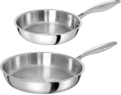 TeCuisine – Lot de 2 Poêles Inox 18/10 Triply – 20 cm – 28 cm – Sans Revêtement – Sans PFAS, PFOA, PTFE – Compatible Tous Feux Dont Induction – Manche Riveté Froid – Cuisson Saine et Durable