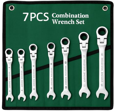 GREENSAPPIRE 7PCS Flexible Ratchet Spanner Set, 180° Flex-Head, Metric 6–17mm, 72-Tooth Gear Wrench Set with Roll-Up Pouch, Ideal for DIY, Bike & Car Repairs