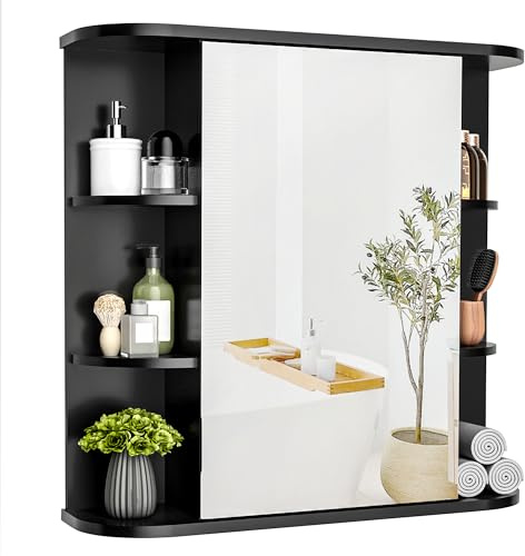 Pamapic Spiegelschränke fürs Bad, Badezimmerschrank mit Spiegel, Hängeschrank Badezimmer mit verstellbaren Ablagen, Schrank mit Badezimmerspiegel, Wandschrank,67,5 x 60 cm, Schwarz