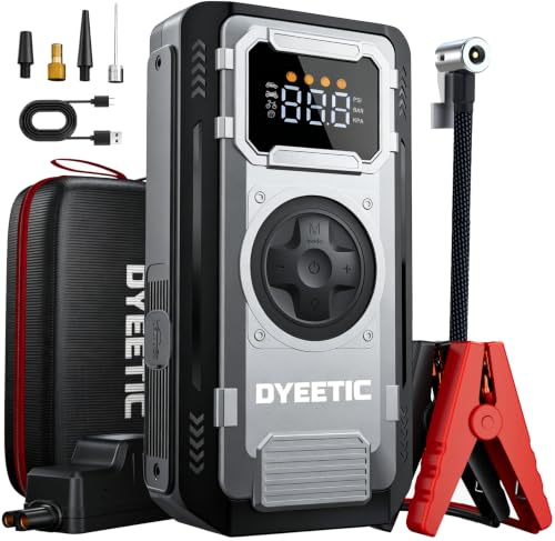 Starthilfe Powerbank mit Luftkompressor, DYEETIC 6000A Starthilfegerät 59Wh | Autobatterie Tragbarer Booster, Jumpstarter für Fahrzeuge (alle Benzin/10L Dieselmotoren/Hybrid) mit Starthilfekabel und LED