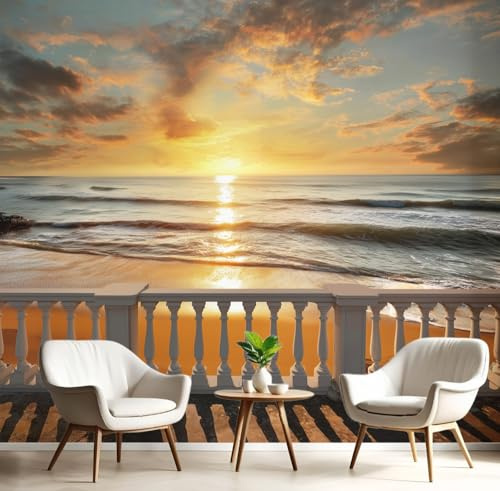 Dormitorio Papel Pintado Junto Al Mar Balcón Mar Atardecer Pared Panorámico 250 x 175cm Naranja Azul Fotomurales, Póster Gigante de Pared Personalizado 3D Para Salón Fotomurales