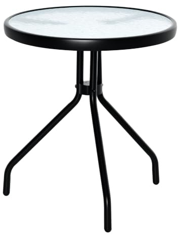 Outsunny Beistelltisch Garten Gartentisch Rund Ø50x55H cm Schwarz | Wetterfest Kaffeetisch, Glastischplatte, Balkontisch aus Metall, 10kg Belastbar, Sofatisch, Outdoor Balkon Terrasse Büro