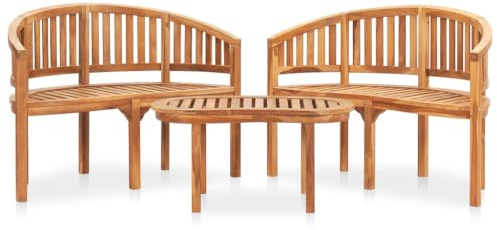 HETFTJN Juego de 3 muebles de jardín de madera de teca maciza, con 2 bancos y 1 mesa, diseño de plátanos, ideal para terraza y balcón, 120 x 52 x 86 cm