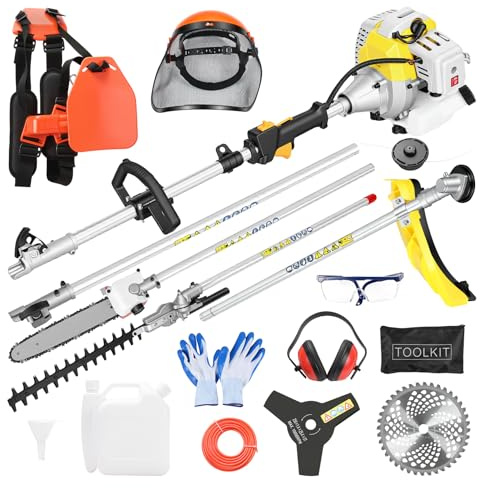 Débroussailleuse, Coupe-Bordure, Coupe-Herbe, élagueuse, Taille-haie | Kit combo thermique 5-en-1, moteur 52 cc 2 temps, 2,2 kW, 8500 tr/min, perche télescopique 2,5–3,5 m, pour jardin et élagage
