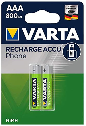 VARTA Batterien AAA, wiederaufladbar, 2 Stück, Recharge Accu Phone, Akku, 800 mAh Ni-MH, sofort einsatzbereit, geeignet für schnurlose Telefone