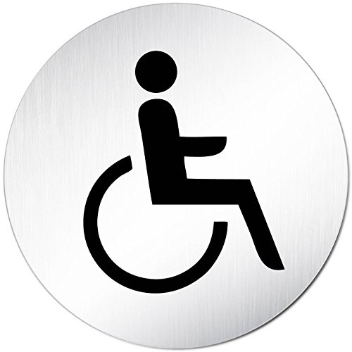 Türschilder24 XXL Türschild • Ø 100 mm • Toilettenschild behindertengerechte Toilette/Rollstuhl • aus Aluminium Vollmaterial • geschliffene Edelstahloptik • 100% Made in Germany